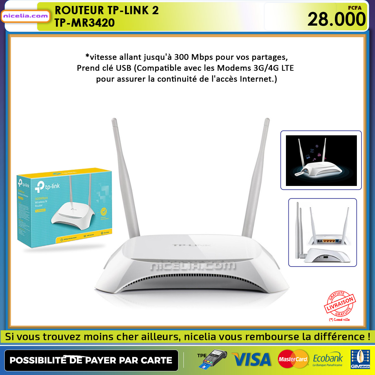 TL-MR3420, Routeur 3G/4G WiFi N 300 Mbps (pour clé 3G / 4G)